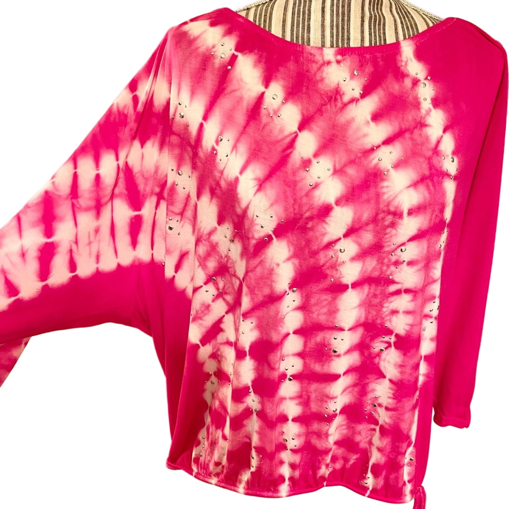 INC International Concepts bright pink & white tie dye top with silver stones